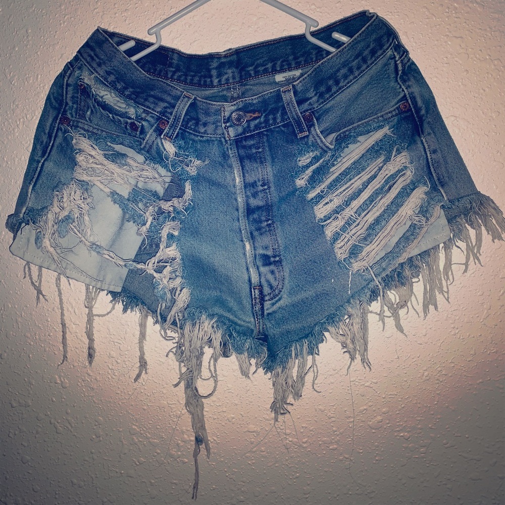 Distressed denim jean shorts